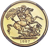 Gold coin showing a naked man, intended to be a knight, battling a dragon