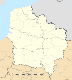 Mapa konturowa regionu Hauts-de-France, blisko centrum na prawo u góry znajduje się punkt z opisem „Iwuy”