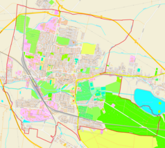 Mapa konturowa Kluczborka, po lewej znajduje się punkt z opisem „Kluczbork”