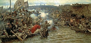 "Sibīrijas iekarošana Jermaka vadībā" (Vasīlijs Surikovs, 1895). Attēlots uzbrukums pa Turas upi Tjumeņas pilsētai 1582. gada maijā.