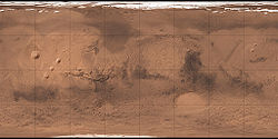 Mappa topografica di Marte. Proiezione equirettangolare. Area rappresentata: 90°N-90°S; 180°W-180°E.