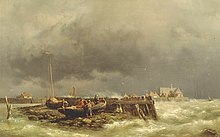 Huile représentant trois personnages autour d'une petite embarcation reposant sur une éminence rocheuse entourée par une mer houleuse.