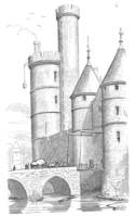 Tour de Nesle i middelalderen som forestillet af Viollet-le-Duc. Udsigt til nordvest og Seine-floden. Porte de Nesle er porten i midten til højre.