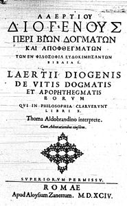 Merkittävien filosofien elämät ja opit -teoksen kansilehti vuoden 1594 painoksesta.