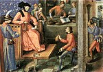 Le versement de taxes à un seigneur (illustration des Traités théologiques, par le Maître d'Anne de Bretagne, vers 1490, Bibliothèque nationale de France).