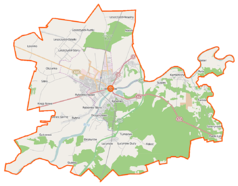 Mapa konturowa gminy Wyszków, w centrum znajduje się punkt z opisem „Wyszków”