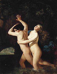 Tableau représentant un jeune homme et une nymphe nus, le jeune homme tentant de s'arracher à l'étreinte de la nymphe.