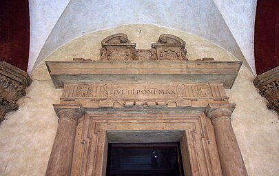 Renaissance bucrania on an entablature of the Palazzo d'Accursio, Bologna, Italy, designed by Fioravante Fioravanti, 15th century