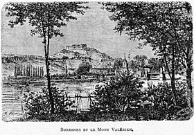 Le mont Valérien, le village de Suresnes et la Seine sur une gravure figurant le site au XIXe siècle.