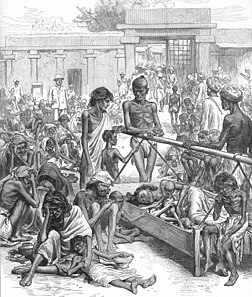 Gravure dans une page de The Illustrated London News du 20 octobre 1877 évoquant la famine de 1876 à 1878 en Inde. (définition réelle 2 483 × 2 931)