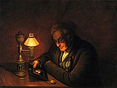 Peinture représentant James Peale s'éclairant à la lampe à huile.