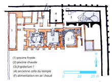 Plan de bâtiments thermaux antiques divisés en nombreuses pièces.