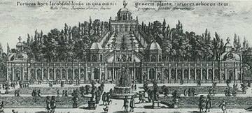 Slottsparken, växthuset nedanför Mons Mariae, kopparstick av Adam Perelle i Suecia antiqua et hodierna, 1668