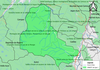 Carte des ZNIEFF de type 1 sur la commune.