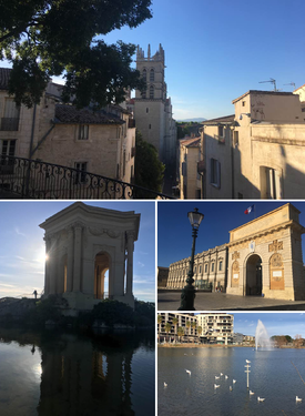 Clockwise from top:Cathedral of Saint Peter andSaint-Loup Peak;Triumphal Arch; Port Marianne's lake; Peyrou water castle.