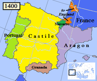 't Iberisch Sjiereilandj in 1400; Navarra in 't dónkergreun.