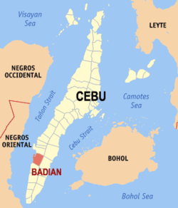 Mapa ng Cebu na nagpapakita sa lokasyon ng Badian.