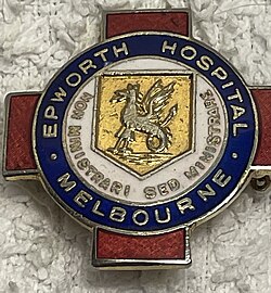 General Nursing Badge awarded to graduates of the Epworth Hospital General Nursing School (1924–1988). This particular design features a wyvern and the motto Non ministrari sed ministrare (not to be served but to serve). The design was adopted for use by nursing training schools established by the Methodist Church in Adelaide (Memorial Hospital) and Sydney (Waverly War Memorial Hospital).[23][24]