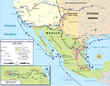 Map of the southwestern United States, including Texas, and also displaying Mexico, with the movements of the forces in the war marked on it