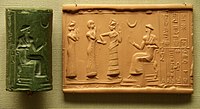 Sumerian cylinder seal and impression, dated c. 2100 BC, of Ḫašḫamer, ensi (governor) of Iškun-Sin c. 2100 BC. The seated figure is probably king Ur-Nammu, bestowing the governorship on Ḫašḫamer, who is led before him by Lamma (protective goddess).[319]