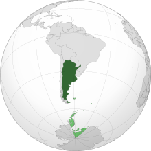 Lokasion ti  Arhentina  (Berde) Nota: Ti Arhentino a panagadal iti Antartika (panagtuton ti Chileano ken Britaniko nga Antartiko nga inal-ala) a mairaman ti Is-isla ti Falkland, Abagatan a Georgia, ken the Is-isla ti Abagatan a Sandwich (tartaripatuen babaen ti Nagkaykaysa a Pagarian) a naipakita ti napusasaw a berde.