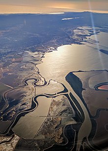 Coyote Creek, donde desemboca en el sur de la Bahía de San Francisco, con el río Guadalupe uniéndose a él y el Guadalupe Slough entrando justo al oeste (izquierda).