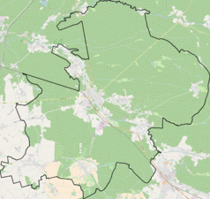 Mapa konturowa gminy Tworóg, blisko prawej krawiędzi znajduje się punkt z opisem „Mikołeska”