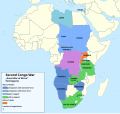 color map of African countries showing Uganda Rwanda and Burundi backing rebels against Kabila