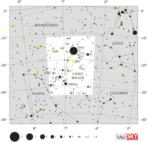 Büyük Köpek takımyıldızı'nın sınırlarını ve yıldızların konumlarını gösteren diyagram