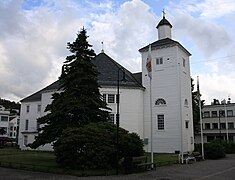 Flekkefjord Church, wood, partly octagonal, separate church tower (1833)