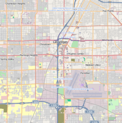 Mapa konturowa Las Vegas, blisko centrum u góry znajduje się punkt z opisem „The Palazzo”