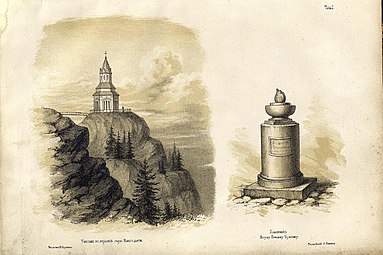 Часовня и памятник. Фрагмент из книги Н. Сорокина «Путешествие к вогулам» (1873).