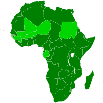 An orthographic projection of the world, highlighting the African Union and its member states (green).