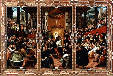 Hans Mielich, Sainte Catherine en discussion avec les philosophes (1572), retable de la Liebfrauenkirche d'Ingolstadt.