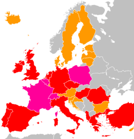 Rood: Vodafone, paars: de filialen van Vodafone, oranje: de partners van Vodafone