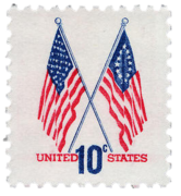 10¢ stamp released in 1973, showing a 50-star flag and a Betsy Ross flag together, to commemorate the United States Bicentennial.[75]