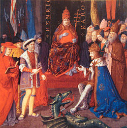 Henry VIII, Charles V, Pope Leo X, and a dragon, c. 1520