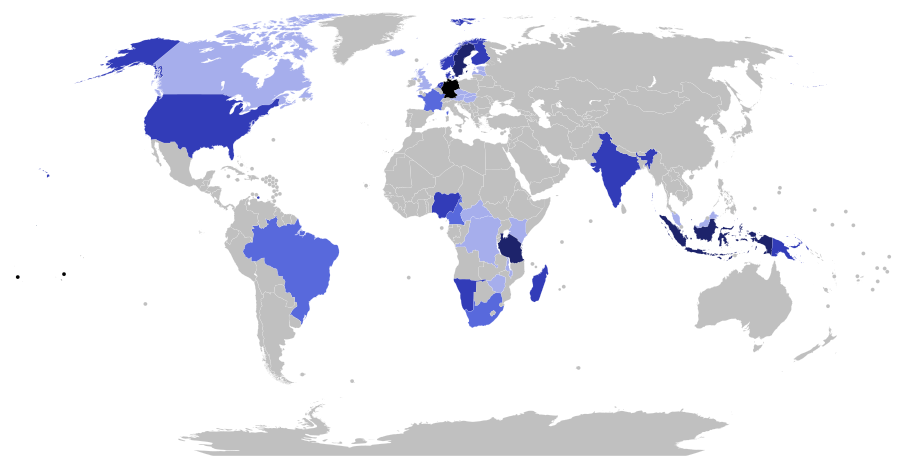 A Lutheránus Világszövetség tagsága országonként 2013-ban. [10]       - Több mint 10 millió       - Több mint 5 millió       - Több mint 1 millió       - Több mint 500 ezer       - Több mint 100 ezer
