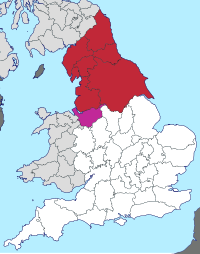 A map of the historic counties of England, with those counties normally taken as "northern" highlighted.