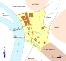 Plan en couleurs d'une place antique avec l'emplacement de ses principaux bâtiments.