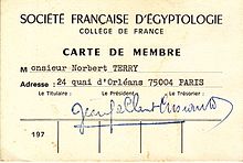 Carte de membre de la Société Française d'égyptologie