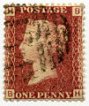 Image 6The Penny Red, 1854 issue, the first officially perforated postage stamp (from Postage stamp)