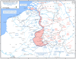 Kartskisse av situasjonen ved fronten den 16. mai, og fremrykking siden den 10. ma.i