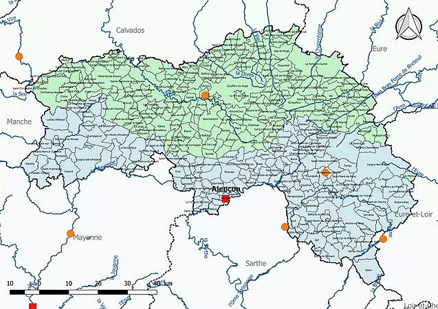 L'Orne est découpée en deux bassins DCE : Loire-Bretagne et Seine-Normandie.