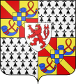 Orange-Chalon tardif (1502-1530) : écartelé, 1 et 4 contre-écartelé de Chalon et d'Orange, sur le tout de Genève, 2 et 3 de Bretagne, sur le tout de l'écartelé de Luxembourg.