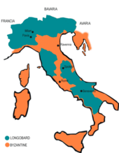 Sebuah map Italia yang dibagi di dalam warna oranye dan hijau, dengan noda hijau untuk "Langobard" dan oranye untuk "Bizantium"
