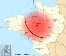 Cartographie du Nord-Ouest de la France, figuré d'un cercle rouge centré sur Rennes et une ligne courbe noire.