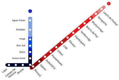 Linhas do Metrô com futuras extensões; cada etapa numa coloração distinta