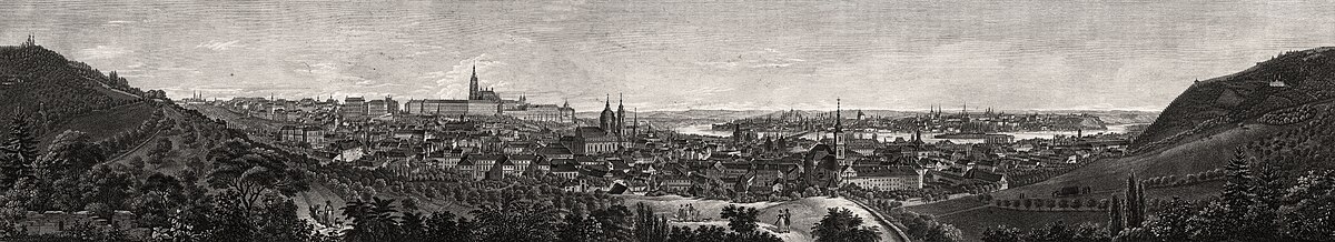 Panorama Prahy z Schönbornské zahrady okolo roku 1835. Dle kresby českého krajináře a vedutisty Vincence Morstadta vyryl Friedrich Geissler.[42]