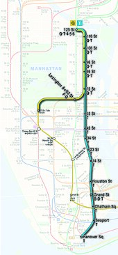 第4段階まで完成した段階での、Q系統およびT系統の列車のマンハッタン地域における提案路線図。T系統はハーレム125丁目からハノーバー・スクエアまでの全線を運行する計画であり、Q系統は72丁目からハーレム125丁目までの間でIND2番街線を運行する計画である